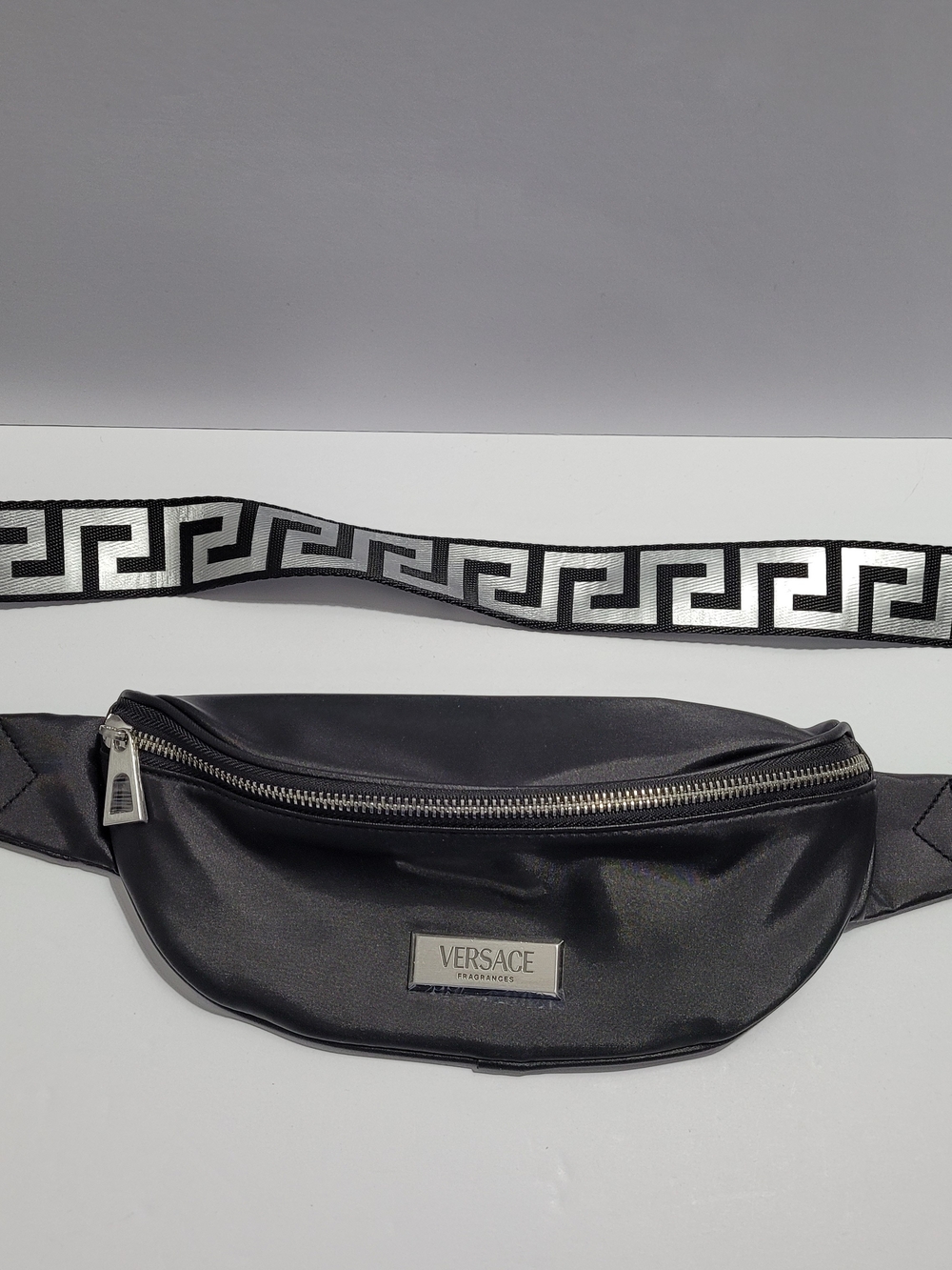 Versace Fragrances Black Satin Adjustable Travel Pouch with Silver Plaque